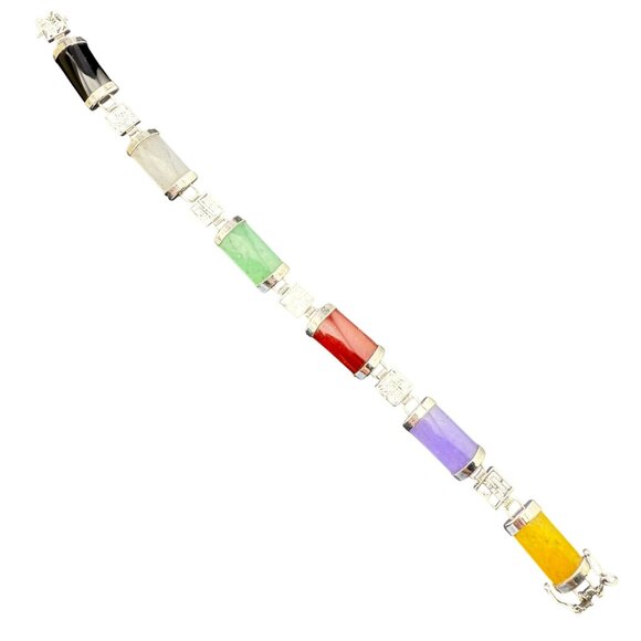 Multi-Stone 18K Gold Plated Bracelet With Chinese Symbols & Polished Natural Gem - Picture 1 of 12